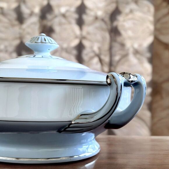 Seyei Fine China Nagoya Japan 398 China Casserole Dish Gray Platinum Silver - Picture 10 of 11